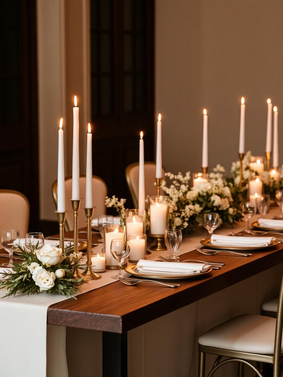 Mesa de recepção elegante com velas e flores brancas