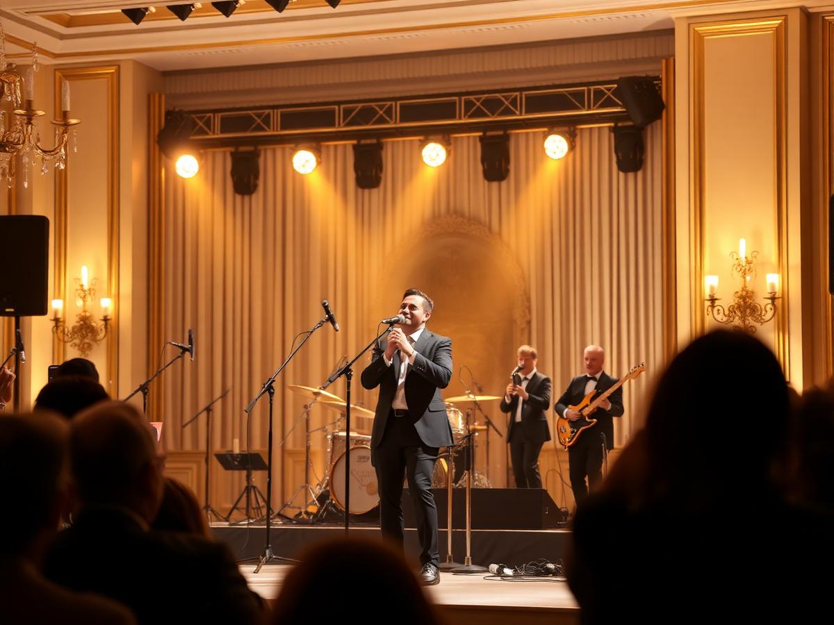 Banda ao vivo em evento sofisticado com iluminação âmbar