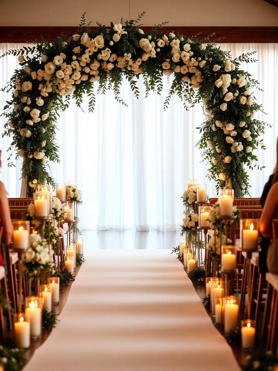 Cerimônia com arco floral e velas