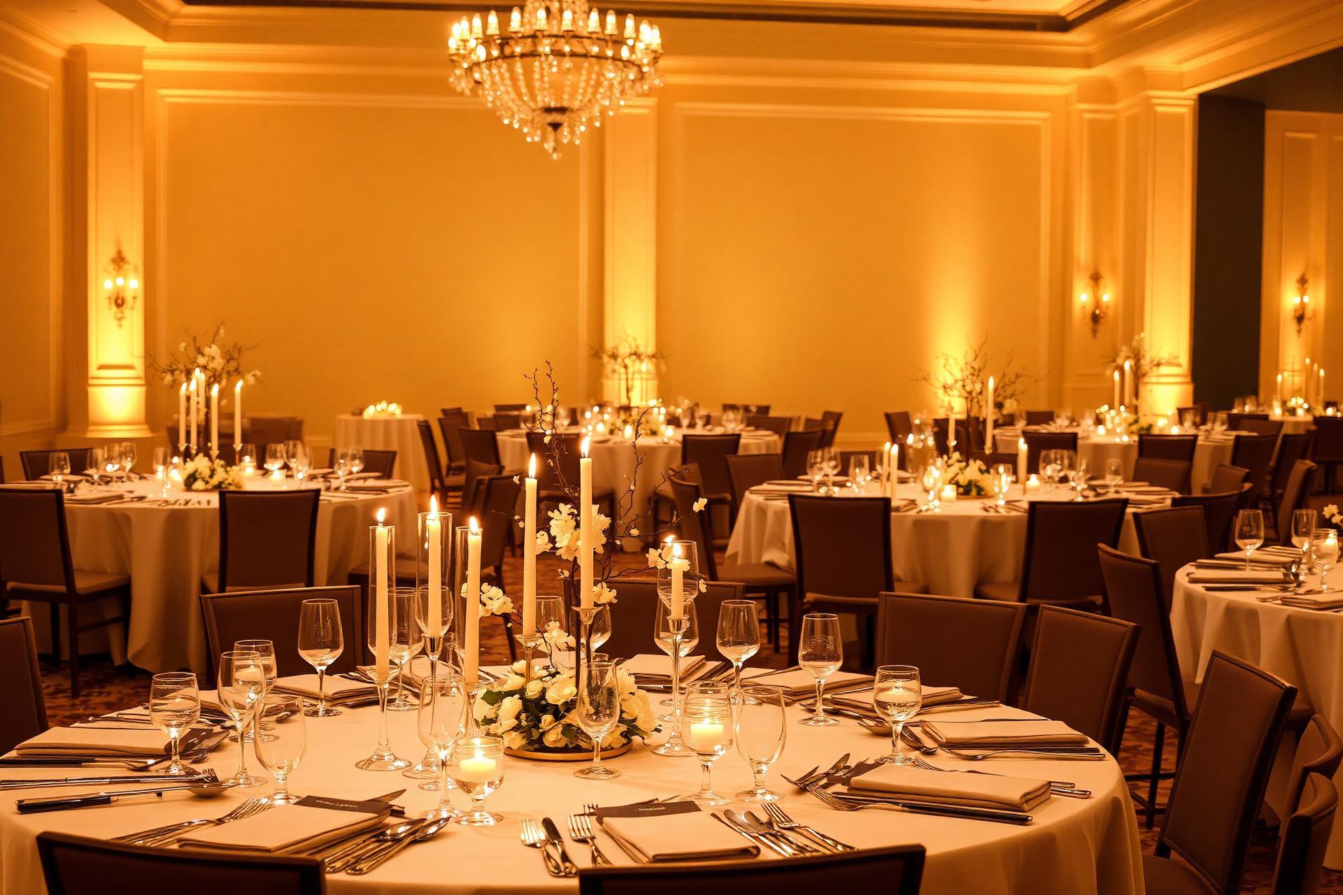 Salão de gala elegante com iluminação âmbar e mesas sofisticadas montadas para um evento premium